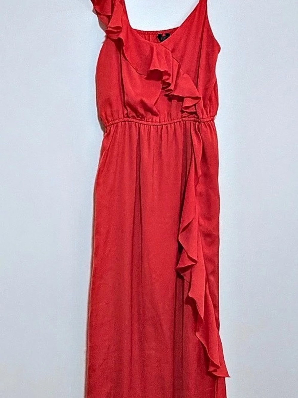 Jarlo London Coral Red Ruffle Cascade Maxi Dress